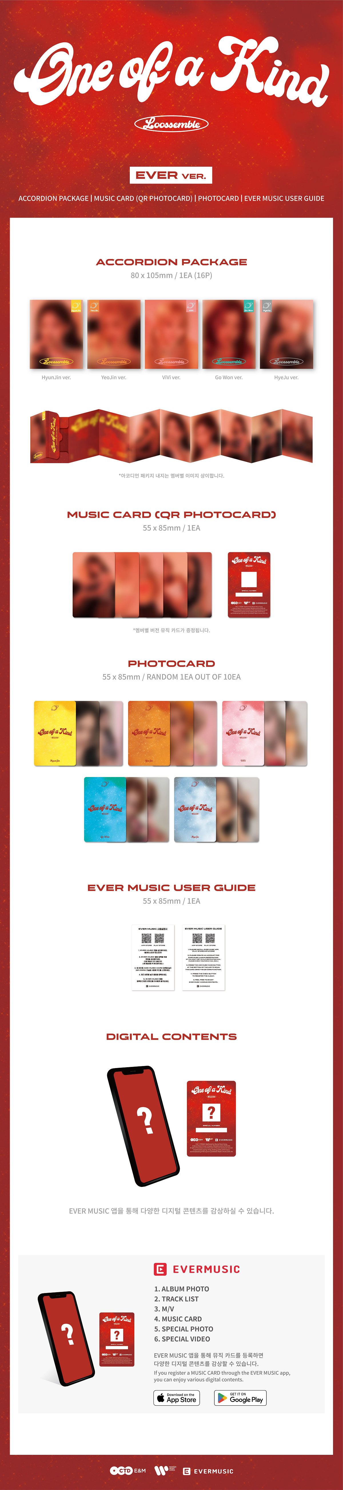 Vibrant red background with blurred images of contents of album including random photocard and cover.